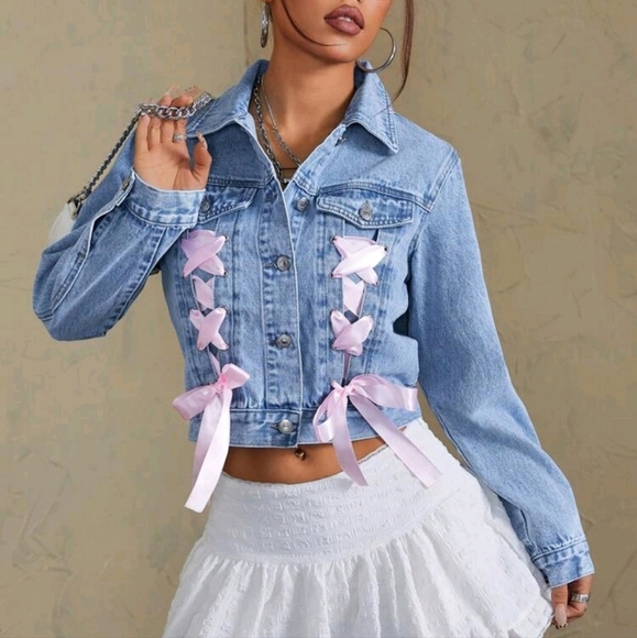 Ribbon Bowknot Washed Denim Jacket - Picture 1 of 5